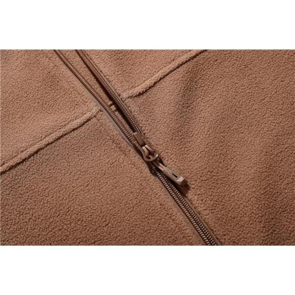 Men's Soft Polar Fleece Jacket with Pockets Lightweight Outdoor Brown - Picture 4 of 8